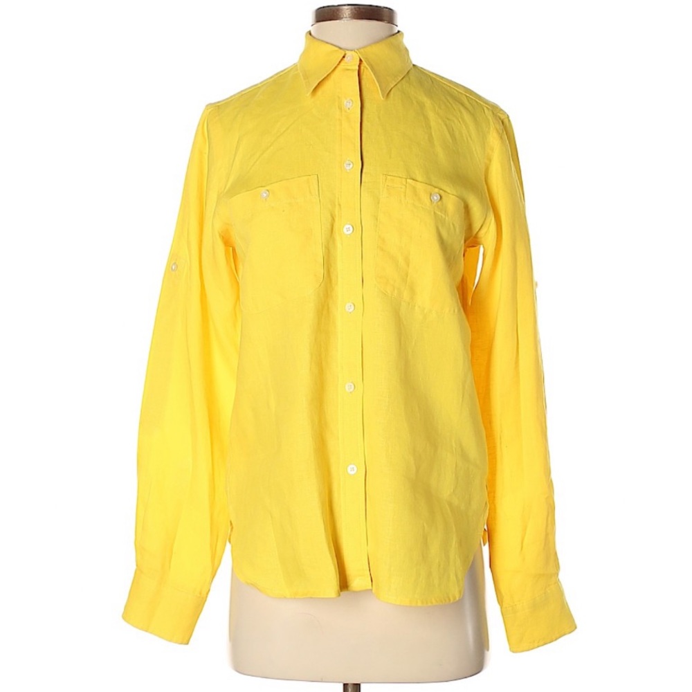 NWOT Lauren Yellow Linen Button Down Pocket Shirt - Picture 2 of 4